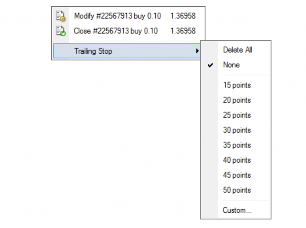 установки trailing stop в Meta Trader 4