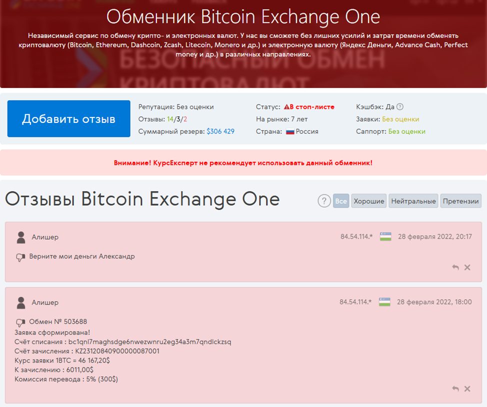 Bitcoin Exchange отзывы обменник